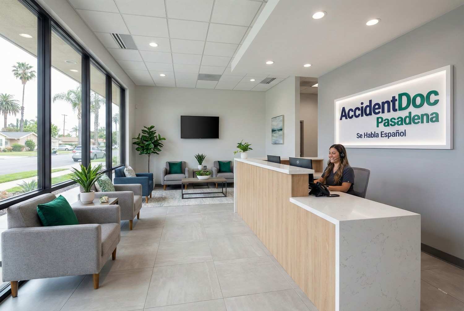 Welcoming reception area at AccidentDoc Pasadena clinic in Harris County