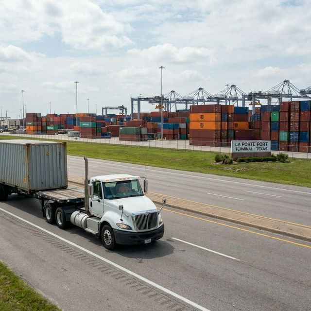 Commercial truck on road near La Porte shipping port with containers