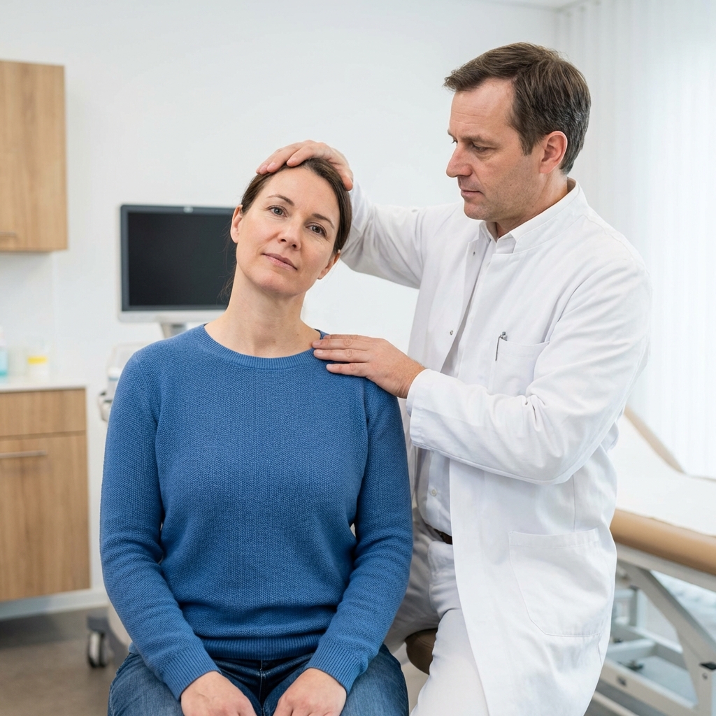 Doctor performing neck range of motion examination after car accident