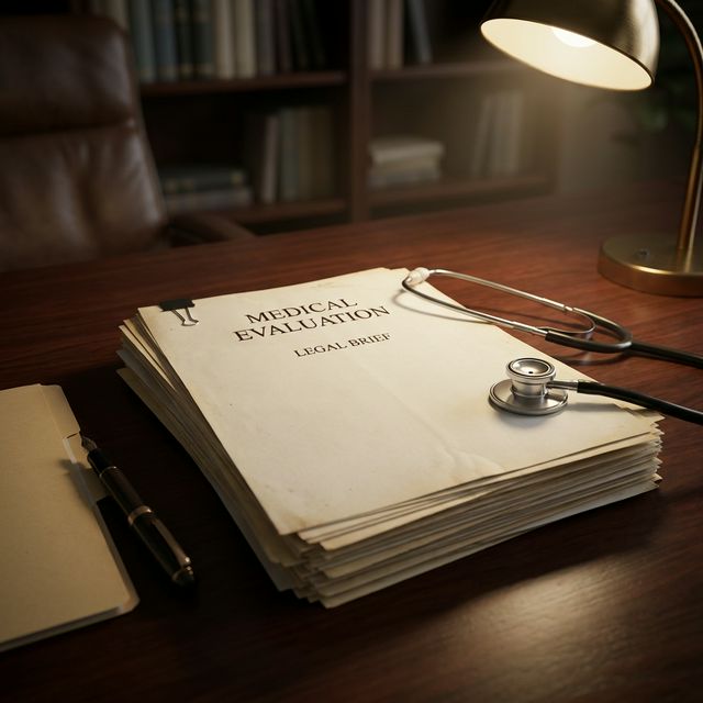 Sample medical reports and legal documentation on desk