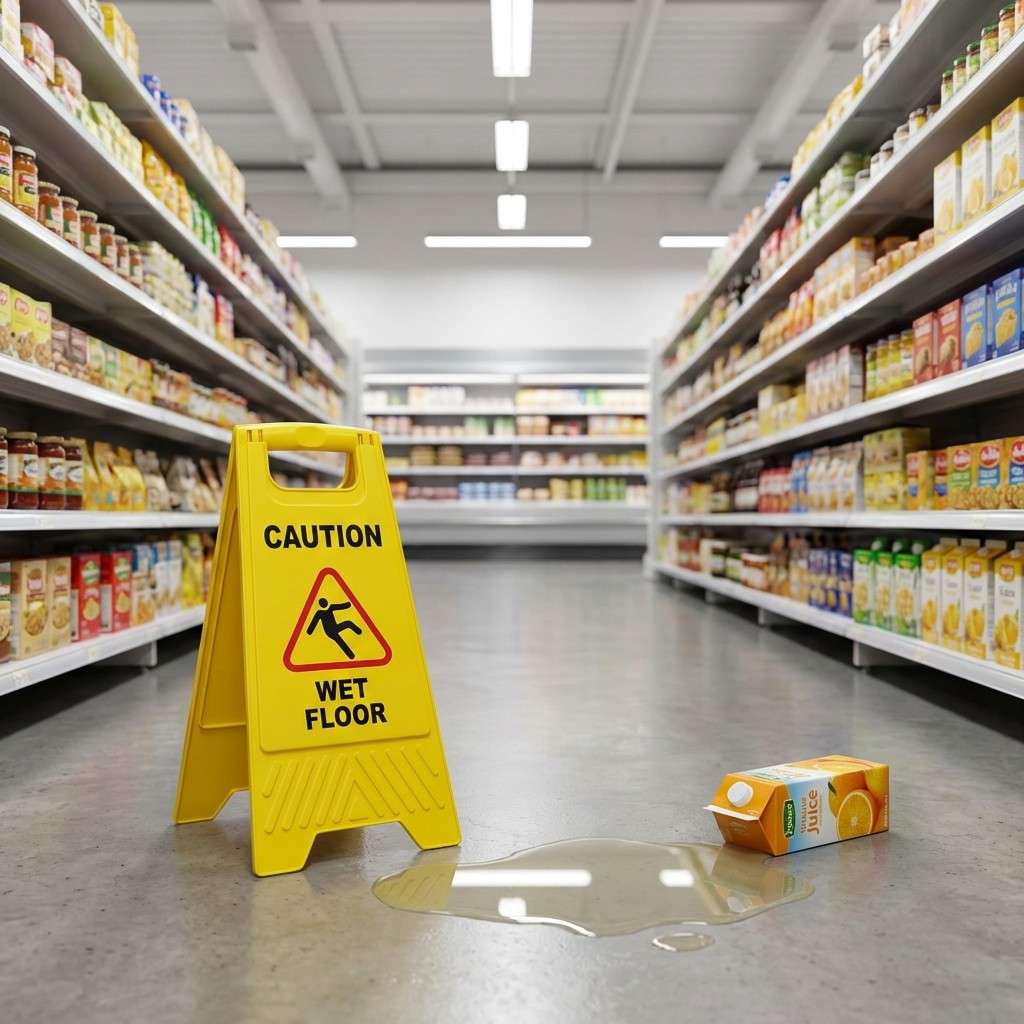 Wet floor hazard in Pasadena grocery store aisle