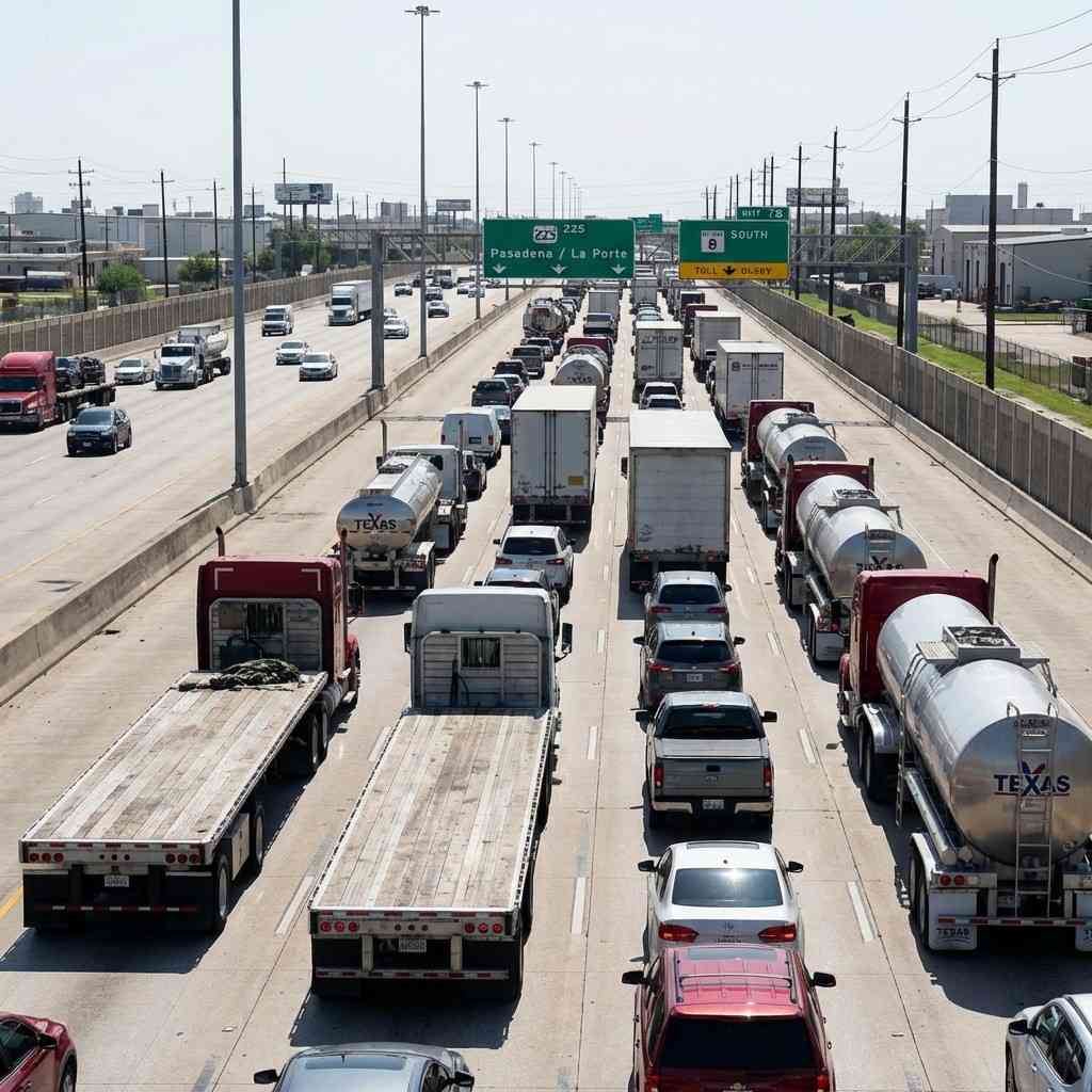 Heavy truck traffic on Highway 225 and Beltway 8 Pasadena